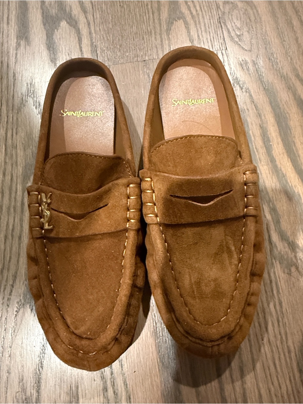 Saint Laurent Brown Suede Penny Loafers with Gold Accent